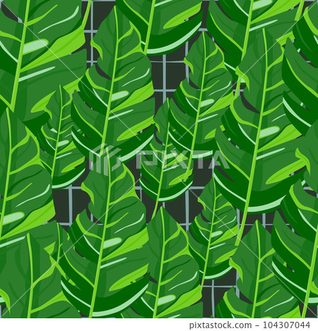 Hawaiian-inspired pattern. Fashionably exotic, palm trees and lush greenery wallpaper. Abstract backdrop botanical garden. Hawaiian-inspired pattern. Fashionably exotic, palm trees and lush greenery wallpaper. Abstract backdrop botanical garden. 104307044