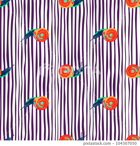 Cute snails seamless pattern. Funny cartoon character wallpaper in doodle style. 104307050