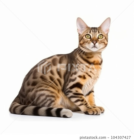 Bengal cat, isolated on white close-up, spotted color, lovely pet 104307427