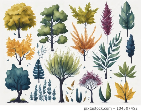 Set watercolor elements of tree on white background.  Generative 104307452
