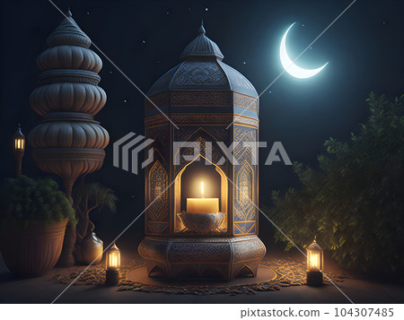 3d modern Islamic holiday banner, suitable for Eid.Generative AI 104307485