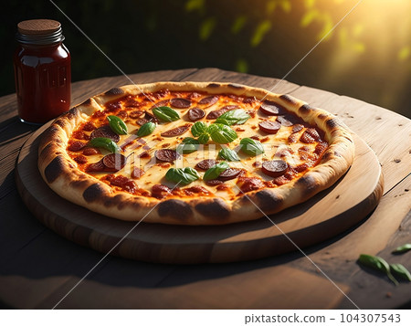 Delicious fresh pizza served on wooden table. Generative ai 104307543