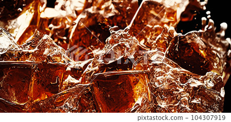Cola with Ice. Close up of the ice cubes in cola water. Texture of carbonate drink with bubbles in glass. Cola soda and ice splashing fizzing or floating up to top of surface. Cold drink background. 104307919