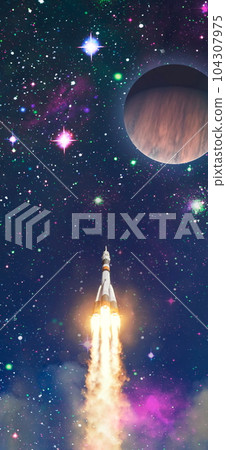 Spaceship begins the mission. New Ship flies to another planet. Elements of this image furnished by NASA 104307975