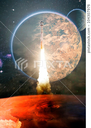 Dark space shuttle launch in the clouds with stars on background.Spaceship flight. Elements of this image furnished by NASA Dark space shuttle launch in the clouds with stars on background.Spaceship flight. Elements of this image furnished by NASA 104307976