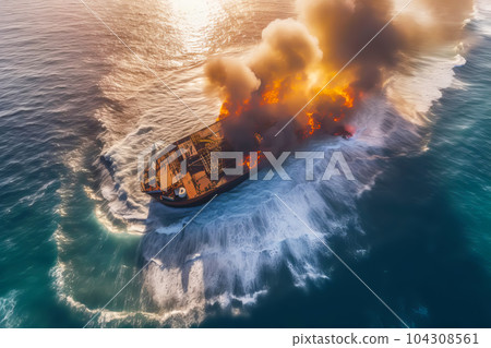 Aerial view of Cargo ship explosion with fire and smoke. Generative AI illustration Aerial view of Cargo ship explosion with fire and smoke. Generative AI illustration 104308561