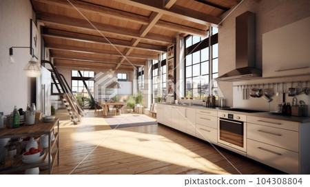Spacious loft style kitchen with dining area. White facades, wooden dining table, modern kitchen appliances, wooden floor and ceiling with beams, green plants in pots, panoramic windows. 104308804