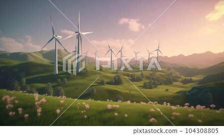 Wind turbines on the green hills against the colorful sunset sky. Production of renewable green energy. Sustainable development concept. Mockup, 3D rendering. Wind turbines on the green hills against the colorful sunset sky. Production of renewable green energy. Sustainable development concept. Mockup, 3D rendering. 104308805