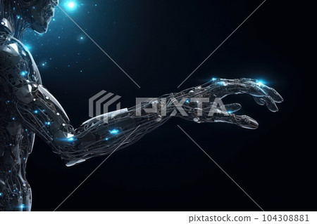 Biorobot with outstretched hand, side view. Metal composite torso, head and arm. AI Humanoid. Robotics and 3D visualization technologies. Dark blue background. Copy space. 104308881