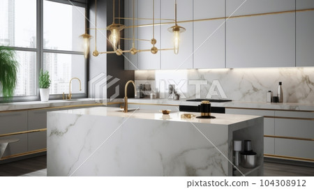 Modern classic white kitchen in a luxury apartment. Large marble kitchen island with sink and workspace, luxurious chandelier, gilded details, modern kitchen appliances. 3D rendering. Modern classic white kitchen in a luxury apartment. Large marble kitchen island with sink and workspace, luxurious chandelier, gilded details, modern kitchen appliances. 3D rendering. 104308912