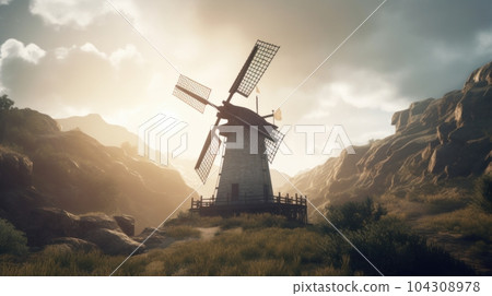 A traditional old stone mill on a hillside against the backdrop of beautiful mountains and a vibrant sunset sky. European historical landscape, romance and beauty of nature. A traditional old stone mill on a hillside against the backdrop of beautiful mountains and a vibrant sunset sky. European historical landscape, romance and beauty of nature. 104308978
