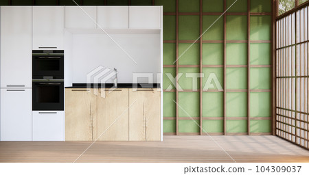kitchen room dining table grey wall wood floor. 3d rendering 104309037