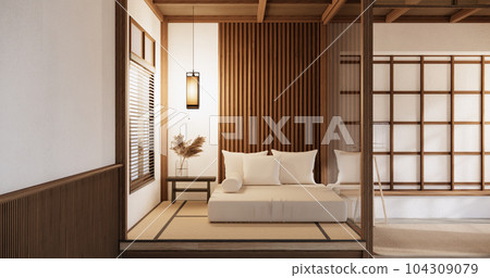 Bed toom muji style Interior Design have sofa wabisabi and decoration japandi. Bed toom muji style Interior Design have sofa wabisabi and decoration japandi. 104309079