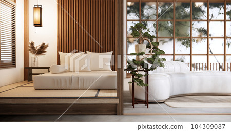 BIg roominterior design in modern living room with black low table ,lamp,vase, and decor Japanses style. 3D rendering BIg roominterior design in modern living room with black low table ,lamp,vase, and decor Japanses style. 3D rendering 104309087