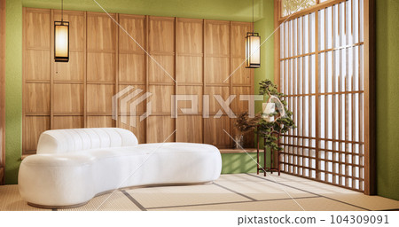 BIg roominterior design in modern living room with black low table ,lamp,vase, and decor Japanses style. 3D rendering 104309091