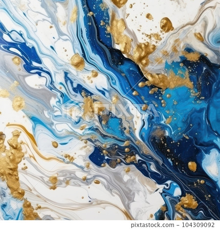 Abstract wavy acrylic paint mix in blue, gold, beige and white. Abstract art, artistic texture. Multicolored bright background. 104309092