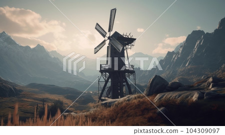 A traditional old wooden mill on a hillside against the backdrop of beautiful mountains and a vibrant sunset sky. European historical landscape, romance and beauty of nature. A traditional old wooden mill on a hillside against the backdrop of beautiful mountains and a vibrant sunset sky. European historical landscape, romance and beauty of nature. 104309097