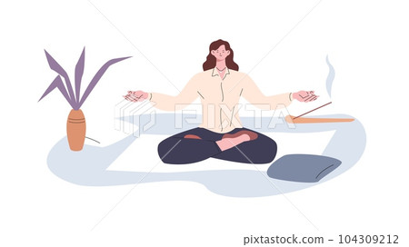 Business woman restores balance, meditating on lunch or evening. Wellbeing, yoga and relax. Character save mental resource vector scene Business woman restores balance, meditating on lunch or evening. Wellbeing, yoga and relax. Character save mental resource vector scene 104309212