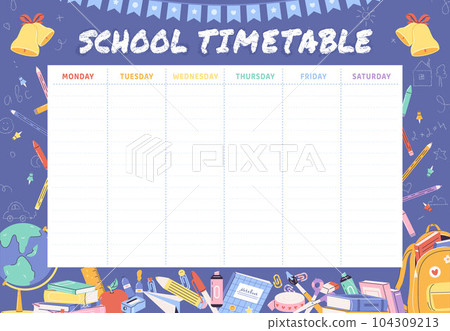 School timetable, student week schedule template. Days planner for lessons in college. Time management, education tools snugly vector graphic School timetable, student week schedule template. Days planner for lessons in college. Time management, education tools snugly vector graphic 104309213