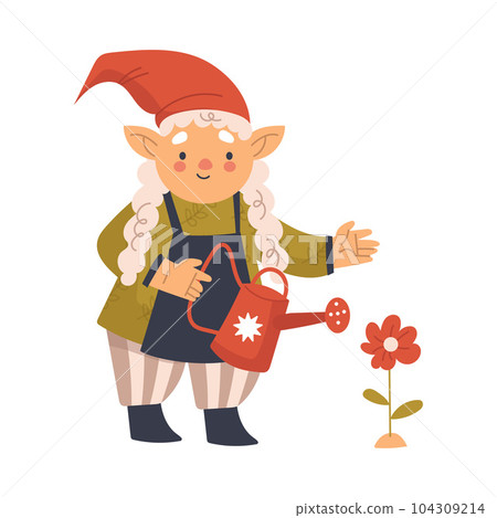 Funny Woman Gnome Character with Braids Watering Plant with Can Vector Illustration 104309214
