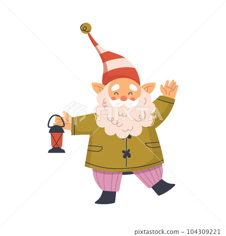 Funny Gnome Character with Beard Stand with Lantern and Waving Hand Vector Illustration 104309221