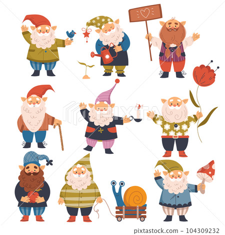 Funny Gnome Characters with Beard and Pointed Hat in Garden Vector Set Funny Gnome Characters with Beard and Pointed Hat in Garden Vector Set 104309232