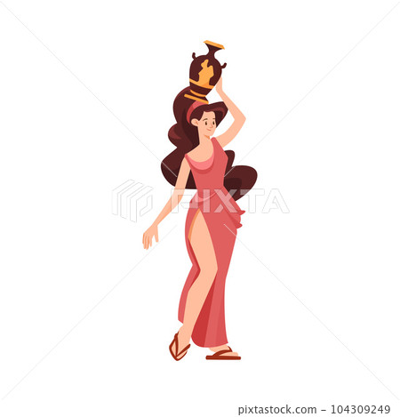 Roman or Greek Girl in Antique Clothes and Sandals Standing with Amphora Vector Illustration Roman or Greek Girl in Antique Clothes and Sandals Standing with Amphora Vector Illustration 104309249