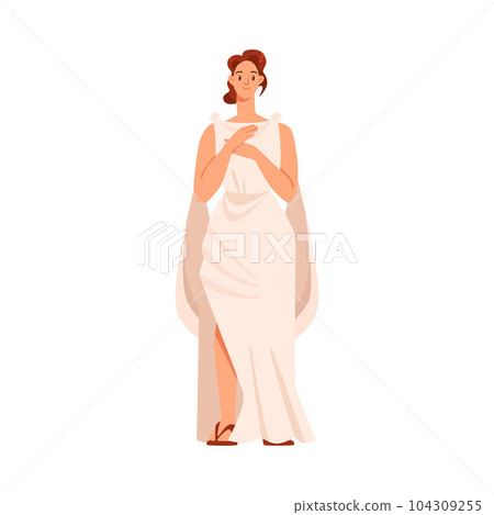 Roman or Greek Girl in Antique Clothes and Sandals Standing Vector Illustration 104309255