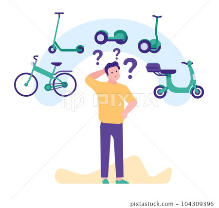 Young man chooses vehicle to buy. City eco transport. Dilemma between bicycle or electric scooter. Pensive guy. Thoughtful person making decision. Gyroboard and moped. Vector concept Young man chooses vehicle to buy. City eco transport. Dilemma between bicycle or electric scooter. Pensive guy. Thoughtful person making decision. Gyroboard and moped. Vector concept 104309396