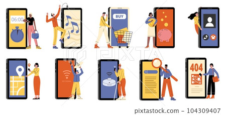 Smartphone use functions. People employ different mobile services and applications. Multifunctional device. Shopping payments. Gadgets control. Search and call. Vector phone app set 104309407