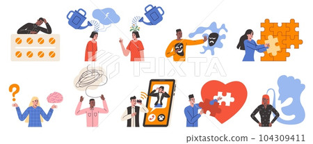 Psychotherapy scenes. People with mental disorders. Depressed and anxiety patients. Psychologists consultation. Solving problems with medications and psychoanalysis. Vector psychology set 104309411