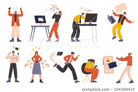 People in stress. Bad news attack. Nervous persons run away from negative information. Social media messages. Receive letters. Internet mail. Shocked or overloaded characters vector set People in stress. Bad news attack. Nervous persons run away from negative information. Social media messages. Receive letters. Internet mail. Shocked or overloaded characters vector set 104309415