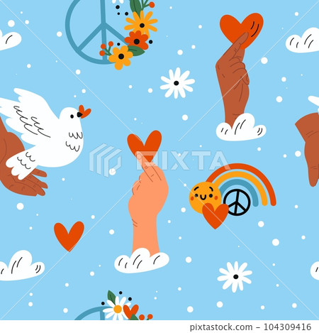 Peace and love elements seamless pattern. Hippies symbols. Hands hold hearts. Arms with different skin colors. Sky clouds and rainbow. Peacekeeping dove bird. Garish vector background Peace and love elements seamless pattern. Hippies symbols. Hands hold hearts. Arms with different skin colors. Sky clouds and rainbow. Peacekeeping dove bird. Garish vector background 104309416