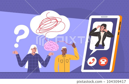 Online consultation with psychologist. Open mind psychotherapy. Couple with problems trying to maintain relationship. Phone call to psychotherapist. Psychological help. Vector concept Online consultation with psychologist. Open mind psychotherapy. Couple with problems trying to maintain relationship. Phone call to psychotherapist. Psychological help. Vector concept 104309417