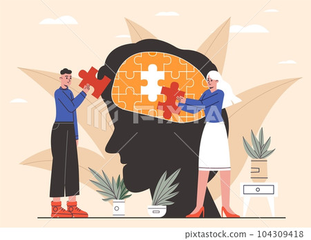 Mental health. Man and woman putting together puzzle in large silhouette head. Couple working with psychotherapist. Brain recovery. Psychological treatment consultation. Vector concept Mental health. Man and woman putting together puzzle in large silhouette head. Couple working with psychotherapist. Brain recovery. Psychological treatment consultation. Vector concept 104309418