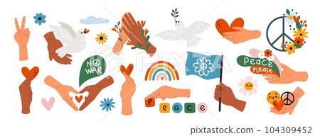 Cartoon human hands hold peace symbols. Love and freedom. Peacekeeping signs. Stop wars stickers. Pacific flag and heart in arms. Rainbow and flowers. White dove bird. Garish vector set 104309452
