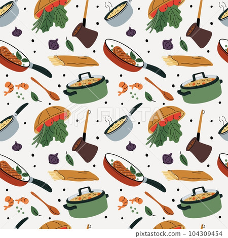 Cartoon cooking food seamless pattern. Kitchen dishes with products. Meal preparation. Pot and pan. Fried meat steak. Boiled spaghetti. Vegetable soup preparing. Garish vector background 104309454