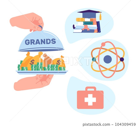 Allocating and receiving grants for study. Science and medicine. Education payment. Physics and medical research. Graduation hat. Hands holding tray with money banknotes. Vector concept Allocating and receiving grants for study. Science and medicine. Education payment. Physics and medical research. Graduation hat. Hands holding tray with money banknotes. Vector concept 104309459