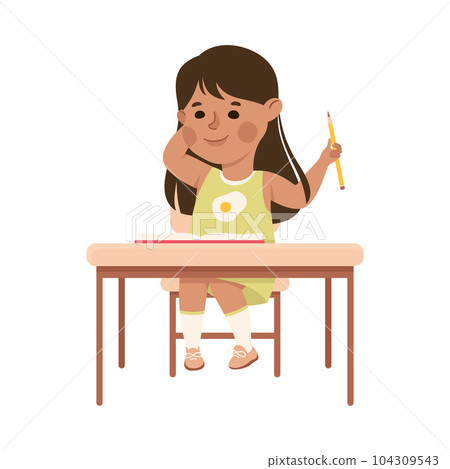 Cute Girl Pupil in Classroom Sitting at Desk Have Lesson Vector Illustration Cute Girl Pupil in Classroom Sitting at Desk Have Lesson Vector Illustration 104309543