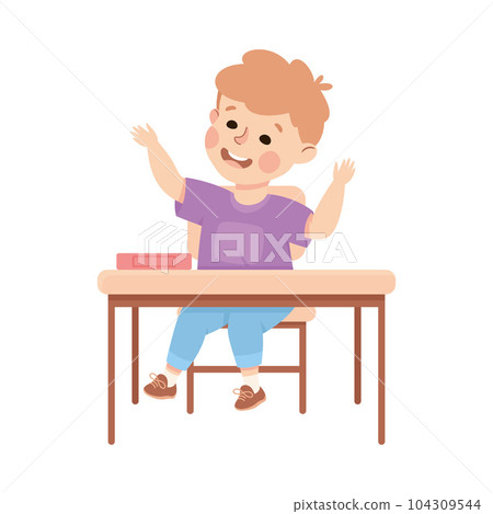 Cute Boy Pupil in Classroom at Desk Raising Hand Have Lesson Vector Illustration Cute Boy Pupil in Classroom at Desk Raising Hand Have Lesson Vector Illustration 104309544