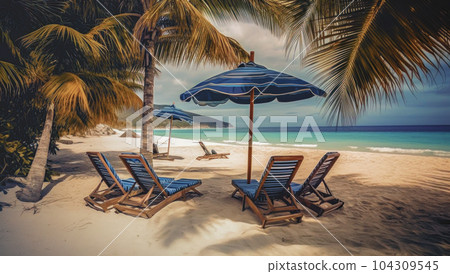 Beach chairs on white sand palm beach with cloudy blue sky and sun Beach chairs on white sand palm beach with cloudy blue sky and sun 104309545