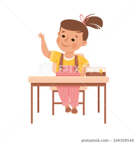 Cute Girl Pupil in Classroom at Desk Raising Hand Have Lesson Vector Illustration Cute Girl Pupil in Classroom at Desk Raising Hand Have Lesson Vector Illustration 104309548