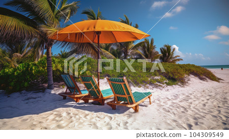 Beach chairs on white sand palm beach with cloudy blue sky and sun Beach chairs on white sand palm beach with cloudy blue sky and sun 104309549