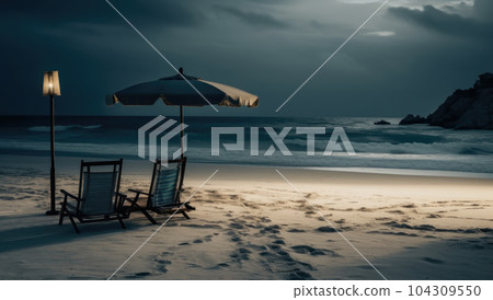 Beach chairs on white sand palm beach with cloudy blue sky and sun Beach chairs on white sand palm beach with cloudy blue sky and sun 104309550