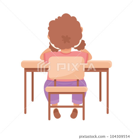 Cute Girl Pupil in Classroom Sitting at Desk Back View Have Lesson Vector Illustration Cute Girl Pupil in Classroom Sitting at Desk Back View Have Lesson Vector Illustration 104309554