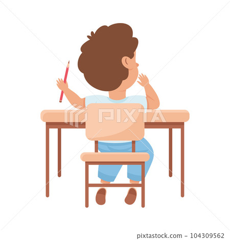 Cute Boy Pupil in Classroom Sitting at Desk Have Lesson Back View Vector Illustration Cute Boy Pupil in Classroom Sitting at Desk Have Lesson Back View Vector Illustration 104309562