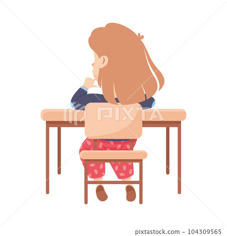 Cute Girl Pupil in Classroom Sitting at Desk Back View Have Lesson Vector Illustration Cute Girl Pupil in Classroom Sitting at Desk Back View Have Lesson Vector Illustration 104309565