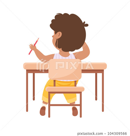 Cute Boy Pupil in Classroom Sitting at Desk Have Lesson Back View Vector Illustration Cute Boy Pupil in Classroom Sitting at Desk Have Lesson Back View Vector Illustration 104309566