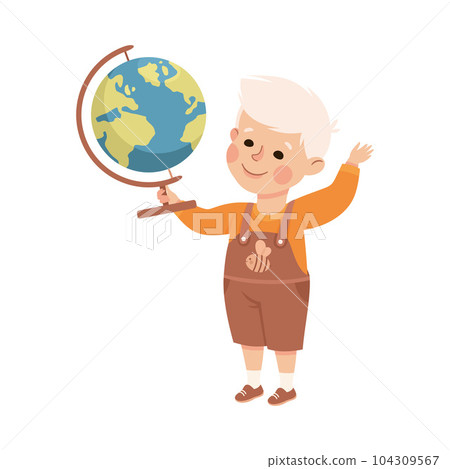 Cute Boy Pupil in Classroom Standing with Globe Have Lesson Vector Illustration Cute Boy Pupil in Classroom Standing with Globe Have Lesson Vector Illustration 104309567