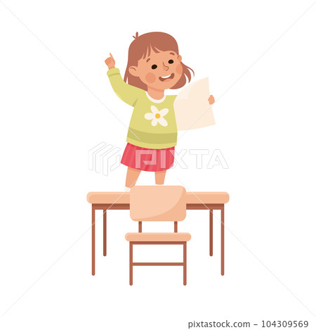 Cute Girl Pupil in Classroom Standing and Reading Have Lesson Vector Illustration Cute Girl Pupil in Classroom Standing and Reading Have Lesson Vector Illustration 104309569